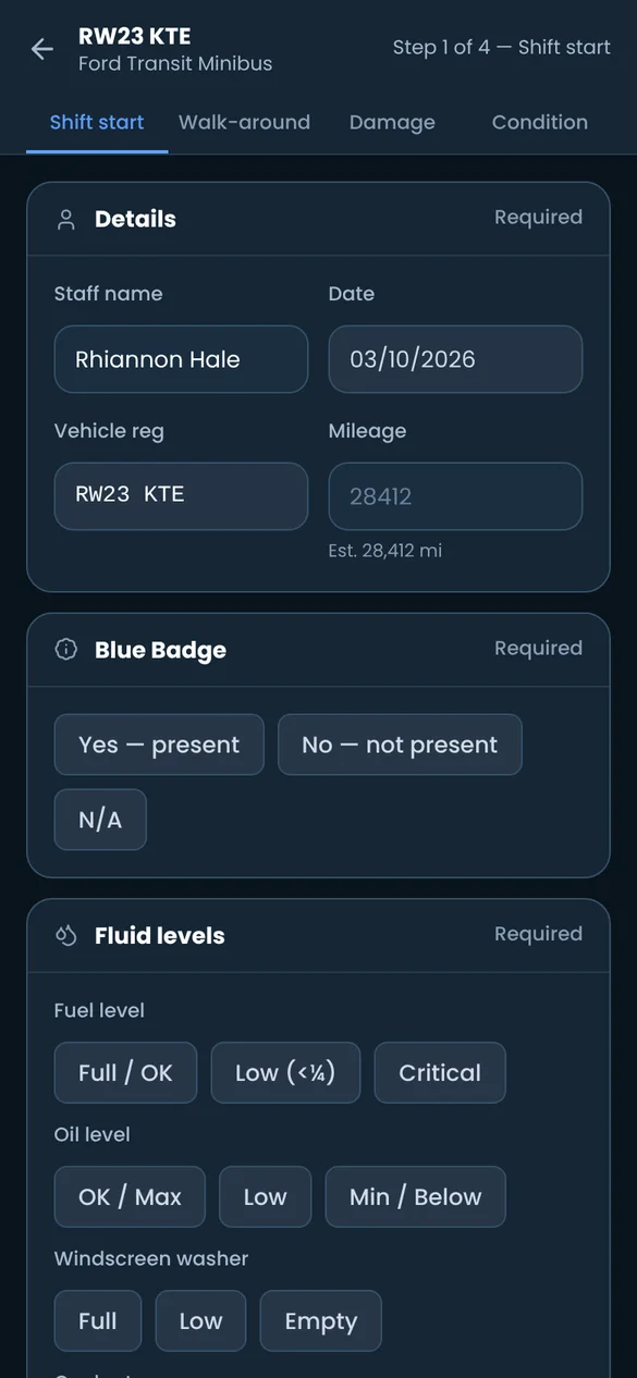 Step 1 of the four-step pre-check: details, Blue Badge and fluid levels