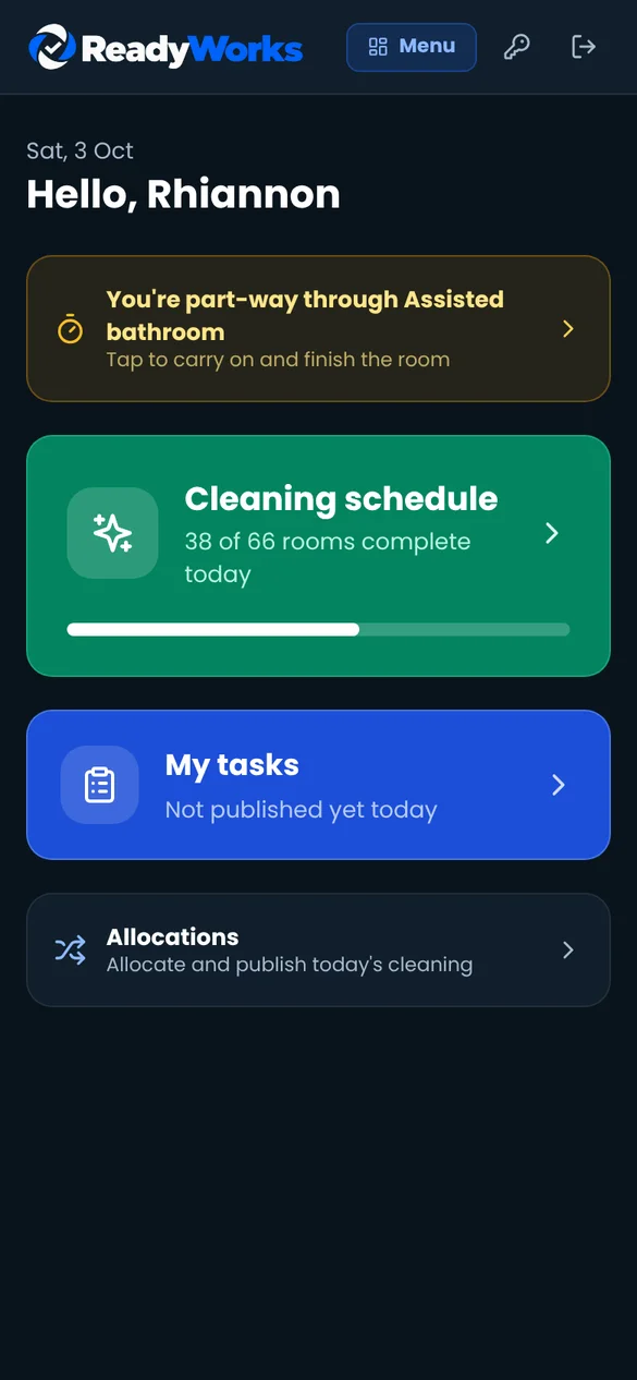 Housekeeping home with today's progress, My tasks and Allocations
