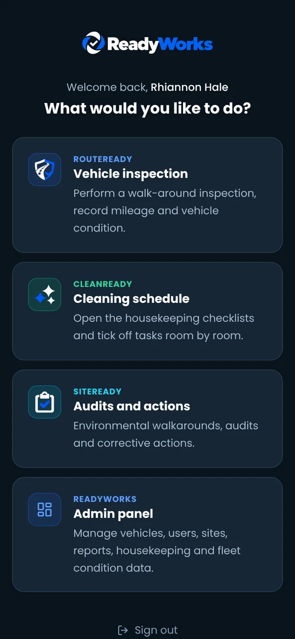 ReadyWorks home screen on a phone, offering Vehicle inspection, Cleaning schedule, Audits and actions and the Admin panel