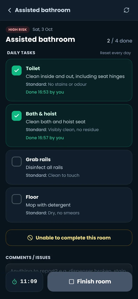 Room checklist with ticked tasks, expected standards and the running room timer